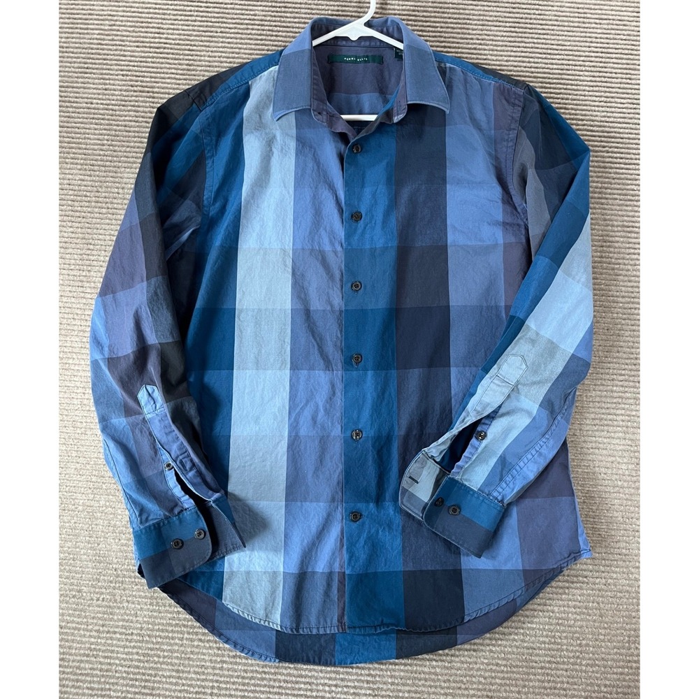Perry Ellis Mens Blue Buffalo Check Long Sleeve Button Down‎ Shirt Size M